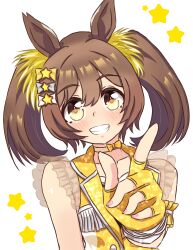 1girl absurdres animal_ears arm_garter blush bow breasts brown_eyes brown_hair choker fingerless_gloves gloves grey_bow grin hair_bow highres horse_ears horse_girl jacket looking_at_viewer mgr3na2sup_6 official_alternate_costume open_mouth sleeveless sleeveless_jacket smart_falcon_(twilight_triumph)_(umamusume) smart_falcon_(umamusume) smile solo star_(symbol) teeth twintails umamusume upper_body vest white_bow white_choker yellow_bow yellow_gloves yellow_jacket yellow_vest 