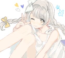  1girl ;) bad_drawr_id bad_id bare_arms blush bow braid breasts bright_pupils brown_eyes collarbone copyright_request dress feet_out_of_frame grey_hair hair_bow heart knees_up long_hair looking_at_viewer ogi_(sham00) one_eye_closed sitting sleeveless sleeveless_dress smile solo sundress twin_braids w white_background white_bow white_dress white_pupils 