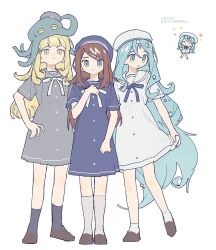  3girls :< ^_^ animal_on_head aqua_eyes aqua_hair awase_marina black_socks blonde_hair blue_dress blue_eyes blue_hat blue_ribbon blue_sailor_collar brown_hair brown_shoes chibi chibi_inset closed_eyes closed_mouth dress freckles grey_dress grey_sailor_collar grey_socks hand_on_own_hip hand_up hat highres holding_own_dress jikkyou_powerful_pro_yakyuu loafers long_hair looking_at_self looking_at_viewer multiple_girls neck_ribbon octavia_(pawapro) octopus on_head parted_lips power_pro_appli ribbon sailor_collar sailor_hat shoes short_sleeves simple_background smile socks standing standing_on_one_leg tatehashi_minato translation_request v-shaped_eyebrows very_long_hair white_background white_dress white_hat white_ribbon white_sailor_collar white_socks yellow_eyes yo_sd99 
