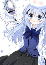  1girl aliasing angora_rabbit animal_on_head black_skirt blue_eyes blue_hair blue_vest blush buttons closed_mouth collared_shirt commentary_request cowboy_shot gochuumon_wa_usagi_desu_ka? hair_between_eyes hair_ornament hato_tototo kafuu_chino long_hair long_sleeves on_head oversized_object rabbit shirt simple_background skirt smile solo spoon tippy_(gochiusa) vest white_background white_shirt x_hair_ornament 