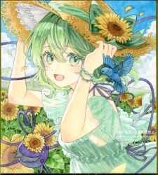 1girl :d alternate_costume alternate_headwear bird bird_request blue_bird bow brown_hat commentary_request disembodied_linked_eye dress eyeball falling_petals field flower flower_field green_bow green_dress green_eyes green_hair hair_between_eyes hands_on_headwear hat hat_bow hat_flower heart heart_of_string highres kisarush komeiji_koishi looking_at_viewer outdoors painting_(medium) petals shikishi smile solo straw_hat sunflower sunflower_field touhou traditional_media watercolor_(medium) watermark yellow_flower yellow_petals 