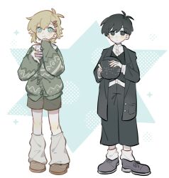  2boys alternate_costume alternate_hairstyle antenna_hair basil_(faraway)_(omori) basil_(omori) black_coat black_eyes black_hair black_pants blackseek blue_eyes blush boots bright_pupils brown_boots brown_shorts camera cardigan closed_mouth coat double-parted_bangs flower green_cardigan hair_between_eyes hair_flower hair_ornament hairclip highres holding holding_camera leg_warmers long_sleeves multiple_boys omori open_clothes open_coat pants parallel_hairclips short_hair shorts smile socks sunny_(omori) white_leg_warmers white_pupils white_socks 