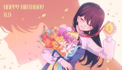  1girl animal_ears bang_dream! bang_dream!_it's_mygo!!!!! brown_hair commentary dated_commentary earrings geosmichi77 happy_birthday holding holding_weapon jewelry long_hair long_sleeves medal one_eye_closed open_mouth shiina_taki upper_body violet_eyes weapon 