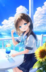  1girl blue_eyes brown_hair chair commentary_request day drink flower food head_tilt highres holding holding_spoon ice_cream ice_cream_float long_hair looking_at_viewer neckerchief ocean open_mouth original outdoors pleated_skirt school_uniform serafuku short_sleeves sitting skirt sky smile solo spoon summer sunflower table wabi_chazuke 