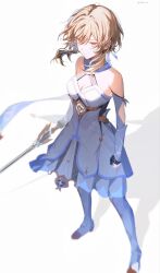  arm_guards artist_name bare_shoulders black_gloves blonde_hair boots breasts clenched_hand closed_mouth detached_sleeves dress earrings feather_earrings feathers floating_clothes floating_hair flower full_body genshin_impact gloves hair_between_eyes hair_flower hair_ornament highres holding holding_sword holding_weapon jewelry long_sleeves looking_at_viewer lumine_(genshin_impact) medium_breasts partially_fingerless_gloves shadow short_hair sidelocks silver_sword_(genshin_impact) simple_background single_earring sleeveless sleeveless_dress standing star_(symbol) sword thigh_boots umenoume v-shaped_eyebrows weapon white_background white_boots white_dress white_flower white_sleeves yellow_eyes 