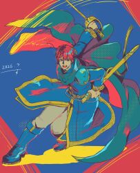  1boy armor attacking_viewer belt blue_boots blue_cape blue_coat blue_eyes boots brown_belt brown_pants cape coat commentary_request dated eliwood_(fire_emblem) fire_emblem fire_emblem:_the_blazing_blade full_body highres holding holding_sheath holding_sword holding_weapon knee_boots long_coat looking_at_viewer male_focus open_mouth pants red_hair sheath short_hair shoulder_armor signature solo sudadadachi sword weapon 