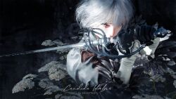  1girl 2b_(nier:automata) 3d artist_name black_dress black_gloves blender_(medium) blue_eyes clothing_cutout dress english_commentary feather-trimmed_sleeves flower gloves highres holding holding_sword holding_weapon juliet_sleeves leotard long_sleeves nier:automata nier_(series) no_blindfold puffy_sleeves selescha.arts short_hair signature solo sword upper_body weapon white_flower white_hair 