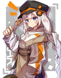  1girl a.i._voice black_hat blue_eyes blunt_bangs blush border braid bright_pupils brown_skirt candy closed_mouth commentary_request cowboy_shot double-parted_bangs drawstring drop_shadow food grey_background hat high-waist_skirt highres holding holding_candy holding_food holding_lollipop hood hood_down hoodie kizuna_akari kizuna_akari_(a.i._voice) lollipop long_hair long_sleeves notice_lines outside_border skirt smile solo suspender_skirt suspenders tetenka twin_braids very_long_hair vocaloid voiceroid white_border white_hair white_hoodie white_pupils 