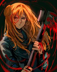  1girl animal_ears blonde_hair blood blue_eyes blue_sweater crosshair dog_ears eyelashes green_background hair_between_eyes hammer highres holding holding_hammer katieb long_hair long_sleeves minecraft_youtube quackity_smp solo sweater teeth 