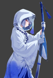  1girl absurdres alternate_hair_color cloak closed_mouth clothing_request commentary_request cowboy_shot dress from_side gloves gradient_clothes gradient_dress grey_background highres holding holding_sword holding_weapon hood hooded_cloak katana korean_commentary limbus_company looking_at_viewer mopi_(oooo5412) project_moon red_eyes ryoshu_(project_moon) short_hair simple_background solo sword weapon white_cloak white_gloves 