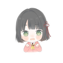  1girl @_@ absurdres black_hair bloom_garden_party_jacket blunt_bangs blunt_ends blush bob_cut chibi chibi_only clenched_hands commentary_request flower flower_knot green_eyes hair_flower hair_ornament highres hood hood_down hooded_jacket jacket long_sleeves love_live! love_live!_hasu_no_sora_jogakuin_school_idol_club love_live!_hasu_no_sora_jogakuin_school_idol_club_bloom_garden_party momose_ginko open_mouth peanut_mouth pink_flower pink_jacket short_hair simple_background solo umi_(nana_spring) virtual_youtuber white_background 