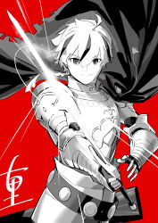  1boy absurdres ahoge amejuuri/terunomiya armor belt braid breastplate cape cloak closed_mouth excalibur_(fate/strange_fake) fate/strange_fake fate_(series) gauntlets glint greyscale_with_colored_background hair_between_eyes highres holding holding_sword holding_weapon knight looking_at_viewer male_focus monochrome multicolored_hair red_background richard_i_(fate) short_hair shoulder_armor signature simple_background single_braid smile solo streaked_hair sword weapon 