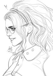  commentary devil_may_cry_(series) devil_may_cry_5 english_commentary from_side glasses hairband lineart long_hair monochrome nico_(devil_may_cry) parted_lips portrait shirt signature sketch stanley_lau 