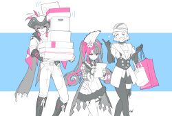  1boy 2girls artist_name bag box box_stack brant_(wuthering_waves) closed_eyes commentary dress eye_mask gloves hair_between_eyes hat holding holding_box holding_paper jacket mask mask_on_head multiple_girls npc_(wuthering_waves) open_mouth pants paper pink_eyes pink_hair rayanawolfer roccia_(wuthering_waves) shopping_bag smile tricorne twintails wuthering_waves 