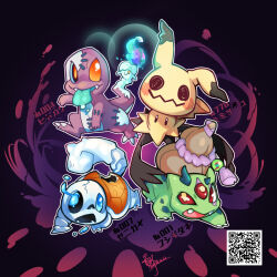  black_background bulbasaur charmander colored_sclera commentary_request fangs gourd heping_zhongjie_shang litwick mega_stone mimikyu mismatched_sclera open_mouth orange_eyes pokedex_number pokemon pokemon_(creature) qr_code red_sclera redesign skeleton squirtle starter_pokemon_trio third_eye tongue tongue_out 