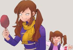  2girls a_hat_in_time aged_up arm_at_side bad_id bad_twitter_id blush brown_hair buttons child closed_eyes closed_mouth coat commentary double-breasted dual_persona english_commentary grey_background hair_tie hand_mirror hand_up hands_up hat_kid holding holding_mirror jacket kudo_nguyen long_sleeves looking_at_mirror mirror missing_headwear multicolored_jacket multiple_girls official_alternate_costume official_alternate_hairstyle open_mouth pink_jacket purple_coat purple_jacket purple_shirt scarf shirt sidelocks smile teeth time_paradox twintails upper_teeth_only white_eyes white_jacket yellow_scarf 