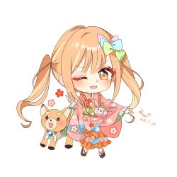  1girl :d ;d animal blonde_streaks blue_bow blush bow brown_sandals chibi chibi_only curled_ends dated dog double_v drawn_flower egasumi eyeliner fang floral_print floral_print_kimono frilled_kimono frills full_body furrowed_brow green_bow green_pupils hair_bow hand_up happy_aura highres inudoge japanese_clothes kaguya_(cho_kaguya-hime!) kaguya_(tsutaya_pop_up)_(cho_kaguya-hime!) kimono kouhaku_nawa long_hair long_sleeves looking_at_viewer makeup multicolored_hair multiple_hair_bows obi obiage okobo one_eye_closed orange_eyes orange_hair orb pink_kimono platform_sandals print_kimono purple_bow red_eyeliner rope sandals sash shiba_inu shide shimenawa short_eyebrows sidelocks signature simple_background smile socks streaked_hair tabi thick_eyebrows twintails v v-shaped_eyebrows white_background white_socks wide_sleeves xing_xiu_kara yellow_sash 