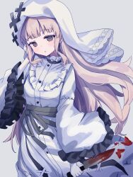  1girl absurdres bib_collar blonde_hair blood blood_on_knife bug butterfly commentary_request cross cross-laced_clothes cross-laced_dress cross_earrings cross_ornament dress earrings frilled_dress frilled_sleeves frills gloves grey_eyes highres hikami_meruru holding holding_knife jewelry knife long_hair long_sleeves looking_at_viewer mahou_shoujo_no_majo_saiban priestess red_butterfly simple_background solo spoilers tama_sakura tucking_hair upper_body veil white_background white_dress white_gloves white_veil wide_sleeves 
