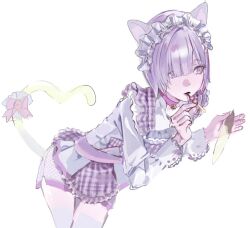  1boy alternate_costume animal_ears apron bell blunt_bangs bob_cut bow cat_boy cat_ears cat_tail choker cowboy_shot crossdressing crossdressing_(mtf) dot_nose food food_in_mouth hair_over_one_eye highres holding leaning_forward long_sleeves looking_to_the_side maid maid_headdress male_focus male_maid neck_bell nijisanji one_eye_covered pale_skin pantyhose pink_bow pink_choker plaid_apron plaid_clothes pocky pocky_in_mouth polka_dot polka_dot_shorts purple_apron purple_hair purple_shoes shirose_isumi shirt shoes short_hair short_shorts shorts sideways_glance simple_background solo straight_hair tail tail_bow tail_ornament trap ttj_1023 unfinished violet_eyes virtual_youtuber white_background white_pantyhose white_shirt 