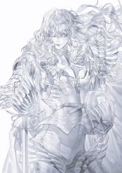  1boy androgynous armor berserk cuso4_suiwabutu eyes_visible_through_hair full_armor greyscale griffith_(berserk) hair_over_eyes helmet highres holding holding_sword holding_weapon knight long_hair looking_to_the_side monochrome pants rapier simple_background solo sword trap very_long_hair wavy_hair weapon white_armor white_background white_hair white_pants wispy_bangs 