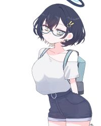 1girl backpack bag black_hair black_shorts blue-framed_eyewear blue_archive blue_bag blue_halo chihiro_(bic_camera)_(blue_archive) chihiro_(blue_archive) colored_inner_hair cowboy_shot glasses grey_eyes grey_hair hair_ornament halo highres multicolored_hair rabbit_hair_ornament semi-rimless_eyewear shirt short_hair shorts simple_background single-shoulder_shirt single_bare_shoulder solo takahisayuki under-rim_eyewear white_background white_shirt 