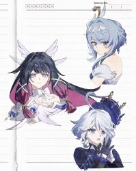  3girls ahoge ascot asymmetrical_gloves bare_shoulders black_gloves black_hair black_shirt blue_ascot blue_bow blue_dress blue_eyes blue_gem blue_hair blue_hat blue_jacket blue_pupils blunt_bangs bow bowtie braid braided_bun breasts brooch choker closed_mouth collarbone colored_inner_hair columbina_(genshin_impact) crystal_earrings dress drill_hair drill_sidelocks drop-shaped_pupils earrings empty_eyes eyelashes feather_hair_ornament feathered_wings feathers floating_hair from_side fur_trim furina_(genshin_impact) gem genshin_impact gloves hair_between_eyes hair_bun hair_ornament hair_tubes hairband hands_up hat hat_ornament head_wings heterochromia highres huge_ahoge jacket jewelry long_hair long_sleeves medium_breasts mismatched_gloves mismatched_pupils multicolored_hair multiple_girls multiple_wings odette_(genshin_impact) off-shoulder_dress off_shoulder open_clothes open_jacket open_mouth palms_together pink_hair riel01231 shirt short_hair sidelocks simple_background single_earring smile strapless strapless_dress symbol-shaped_pupils tongue top_hat traditional_media two-tone_hair upper_body very_long_hair violet_eyes wavy_hair white_background white_bow white_bowtie white_choker white_dress white_feathers white_gloves white_hair white_hairband wings x_hair_ornament 