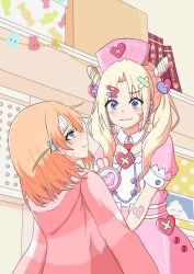  2girls blonde_hair blue_eyes blush closed_mouth collared_dress commentary_request double_bun dress hair_bun hat highres hinoshita_kaho hinoshita_kaho_(summer_loungewear) holding holding_stethoscope hood hood_down hooded_jacket indoors jacket long_hair long_sleeves love_live! love_live!_hasu_no_sora_jogakuin_school_idol_club medium_hair multiple_girls nose_blush nurse nurse_cap orange_hair osawa_rurino pink_dress pink_hat pink_jacket puffy_short_sleeves puffy_sleeves short_sleeves sick sinjukuiti stethoscope virtual_youtuber vital_sign_(love_live!) 
