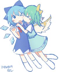  >_o 2girls aqua_skirt aqua_vest ascot azp_29 blue_bow blue_dress blue_eyes blue_hair bow chinese_commentary cirno collared_shirt commentary_request daiyousei dated detached_wings dress fairy fairy_wings full_body green_hair hair_bow ice ice_wings multiple_girls one_eye_closed one_side_up open_mouth pinafore_dress shirt signature skirt sleeveless sleeveless_dress socks touhou vest white_shirt white_socks wings yellow_ascot yellow_bow yuri 