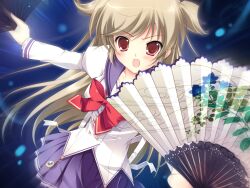  1girl back_ribbon bow bowtie brown_eyes buttons collarbone double-breasted dutch_angle fang floating_hair floating_neckwear folding_fan game_asset grey_hair hand_fan hands_up highres holding holding_fan jacket juliet_sleeves lapels long_hair long_sleeves looking_at_viewer mikeou miniskirt nanairo_kouro nanami_haruka_(nanairo_kouro) non-web_source open_mouth outstretched_arms pleated_skirt puffy_sleeves purple_sailor_collar purple_skirt red_bow red_bowtie ribbon sailor_collar school_uniform self-datamine shirt skirt solo standing striped_clothes two_side_up white_jacket white_ribbon white_shirt 