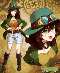  1girl absurdres belt belt_buckle black_choker blue_shorts boots brown_belt brown_boots brown_hair buckle character_name choker closed_mouth coat collarbone commentary copyright_logo copyright_name cropped_torso english_commentary faron_(faro_on) frilled_shirt frills full_body gears goggles goggles_on_headwear green_coat green_eyes green_hat hair_between_eyes hair_ornament hands_on_own_hips hat highres knee_boots logo long_hair long_sleeves looking_at_viewer multiple_views open_clothes open_coat open_mouth shirt shorts skirt smile standing steampunk steampunker_(terraria) straight-on tachi-e terraria yellow_background yellow_shirt 