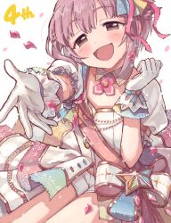  1girl :d bad_drawr_id bad_id blush brown_eyes dress falling_petals gloves hair_ornament hair_ribbon hairclip idolmaster idolmaster_cinderella_girls koshimizu_sachiko open_mouth outstretched_arm parallel_hairclips petals pink_petals puffy_short_sleeves puffy_sleeves purple_hair ribbon short_hair short_sleeves sitting smile solo star_(symbol) user_hdan4322 white_background white_dress white_gloves 