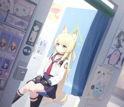  1girl absurdres angry_adelie_(blue_archive) animal_ear_fluff animal_ears bandaid bandaid_on_knee bandaid_on_leg big_brother_(blue_archive) black_choker black_gloves black_sailor_collar black_skirt black_socks blonde_hair blue_archive blurry blurry_background blush breasts choker closed_mouth curtains depth_of_field dutch_angle emblem expressionless feet_out_of_frame fox_ears fox_girl game_asset gloves green_eyes green_halo hair_between_eyes halo hands_on_own_legs highres indoors kneehighs knees_together_feet_apart kurumi_(blue_archive) long_hair long_sleeves looking_ahead miniskirt neckerchief non-web_source official_art peroro_(blue_archive) photo_booth pleated_skirt poster_(object) red_neckerchief sailor_collar school_uniform self-datamine serafuku shirt sidelocks sign sitting skirt skullman_(blue_archive) small_breasts socks solo studded_gloves studs thigh_strap triangle_halo v-shaped_eyebrows very_long_hair wavecat_(blue_archive) white_shirt 