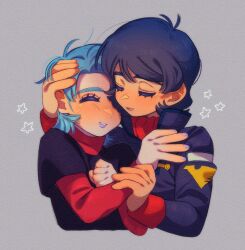 1boy 1girl aqua_hair blue_hair blue_nails closed_eyes commentary_request four_murasame grey_background gundam hand_on_another's_arm hand_on_another's_head hetero jacket kamille_bidan large_collar long_sleeves pari_pari_kyabetu220 purple_lips red_shirt shirt zeta_gundam 