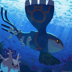  absurdres air_bubble artist_name black_eyes black_sclera bubble colored_sclera commentary coral corsola english_commentary highres kyogre looking_at_viewer luvdisc no_humans ocean pokemon pokemon_(creature) pokemon_focus squid2corn twitter_username underwater yellow_eyes 