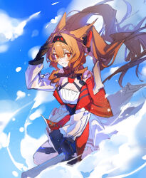  1girl absurdres angelina_(arknights) angelina_the_mellow_wish_(arknights) animal_ear_fluff animal_ears arknights black_collar black_gloves black_hairband blue_sky brown_hair chinese_commentary clouds collar commentary_request day detached_sleeves dress earpiece floating_hair flying fox_ears fox_girl gloves hair_between_eyes hairband hand_up highres long_hair long_sleeves looking_at_viewer maoi_mao multicolored_hairband outdoors sitting sky smile solo staff_riding twintails two-tone_hairband white_dress 