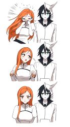  1boy 1girl absurdres black_hair bleach blush breasts closed_eyes coat covering_own_mouth crossed_bangs dress eubneung10571 facial_mark fake_horns flying_sweatdrops furrowed_brow green_eyes hair_behind_ear hair_between_eyes hair_ornament helmet highres hole_in_chest hole_on_body horned_helmet horns inoue_orihime juliet_sleeves long_hair long_sleeves looking_at_another medium_breasts orange_eyes orange_hair pale_skin parted_bangs parted_lips puffy_sleeves short_hair sneezing snowflake_hair_ornament sweatdrop ulquiorra_cifer upper_body white_coat white_dress 