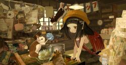  1girl absurdres animal_ears backpack bag bare_arms black_hair black_skirt brown_rabbit camisole candy candy_jar candy_store clock commentary_request doubutsunoujyou extra_ears floppy_ears food green_camisole hair_ornament hairclip hat highres jar lollipop lop_rabbit_ears medium_hair open_mouth original pink_camisole pink_eyes rabbit rabbit_ears rabbit_girl randoseru red_bag revision school_hat shop skirt solo swirl_lollipop television yellow_hat 