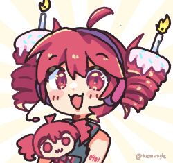  1girl :3 absurdres ahoge bare_shoulders black_shirt black_sleeves blush blush_stickers candle commentary dot_nose drill_hair hair_between_eyes hair_sprinkles happy headphones highres holding holding_stuffed_toy kasane_teto kasane_teto_(utau) looking_at_viewer nicmangle number_tattoo open_mouth portrait red_eyes red_hair shirt sleeveless sleeveless_shirt sprinkles stuffed_toy sunburst sunburst_background tattoo twin_drills twitter_username two-tone_background untranslatable_commentary utau 