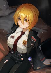  1girl absurdres arm_support black_coat black_pants blonde_hair bob_cut breasts coat collared_shirt commentary cowboy_shot crossed_bangs don_quixote_(project_moon) faron_(faro_on) from_above hair_between_eyes high-waist_pants highres lapels light_particles limbus_company long_sleeves looking_at_viewer medium_breasts necktie notched_lapels on_bed open_clothes open_coat pants project_moon red_necktie shirt shirt_tucked_in short_hair sitting slit_pupils smile solo white_shirt yellow_eyes 
