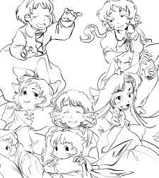  6+girls :d animal_ears blush bow cirno closed_eyes commentary_request fang fins grin hair_bow hairband head_fins highres imaizumi_kagerou kokechankokko lineart long_hair long_sleeves multiple_girls ponytail sekibanki shirt short_hair short_sleeves sideways_glance skirt smile touhou tsukumo_benben tsukumo_yatsuhashi wakasagihime white_background wolf_ears wolf_girl 