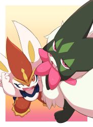  buck_teeth cinderace commentary_request fang from_above green_fur hanaman_ha highres looking_at_viewer meowscarada one_eye_closed open_mouth pink_eyes pokemon pokemon_(creature) red_eyes red_fur selfie teeth upper_teeth_only white_fur 