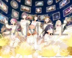  6+girls :d ahoge anyoji_hime aqua_eyes aurora_flower_(love_live!) black_hair blue_eyes blue_hair blunt_bangs blunt_ends bob_cut brown_hair ceras_yanagida_lilienfeld closed_mouth commentary_request copyright_notice criss-cross_halter dress edelied floating_hair flower green_eyes grey_hair hair_flower hair_ornament halter_dress halterneck hikari_no_naka_de_hana_saite hinoshita_kaho kachimachi_kosuzu katsuragi_izumi long_hair lotus love_live! love_live!_hasu_no_sora_jogakuin_school_idol_club love_live!_hasu_no_sora_jogakuin_school_idol_club_bloom_garden_party love_live!_victory_flag momose_ginko multi-tied_hair multiple_girls murano_sayaka official_art open_mouth orange_eyes osawa_rurino pink_eyes ponytail reflection_in_the_mirror_(love_live!) runway_(love_live!) short_hair single_bare_shoulder single_off_shoulder slit_pupils smile sparkly_spot_(love_live!) very_long_hair virtual_youtuber white_dress white_flower yellow_flower 