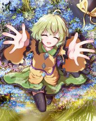  1girl absurdres black_hat black_thighhighs blue_flower bow buttons chinese_commentary closed_eyes collared_shirt commentary_request diamond_button disembodied_linked_eye eyeball facing_viewer floral_print flower flower_request frilled_shirt_collar frilled_skirt frilled_sleeves frills green_eyes green_hair green_skirt hat hat_bow highres hugging_viewer koishi_day komeiji_koishi long_sleeves lying medium_hair missing_headwear mixed-language_commentary on_back open_mouth print_skirt rose_print shirt skirt smile solo thigh-highs touhou unworn_hat unworn_headwear wide_sleeves yellow_bow yellow_shirt z0xy439 