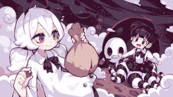  2girls amissio animal_ears bag ball black_bow black_hair blush blush_stickers bow brown_bag character_request closed_mouth clouds collared_dress collared_shirt commentary double_bun dress english_commentary eyelashes fog hair_between_eyes hair_bun holding holding_ball holding_sack lighthouse long_hair long_sleeves multiple_girls musical_note noz_(amissio) open_mouth parororo paski_(amissio) pixel_art rabbit_ears rabbit_girl sack shirt short_hair sky smile star_(sky) starry_sky suspenders tearing_up teeth tentacles thick_eyebrows tokoyo_tower_of_perpetuity twintails white_dress white_hair white_shirt 