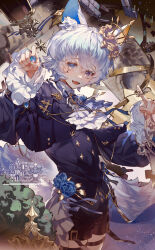  1boy absurdres androgynous animal_ears bishounen blue_eyes blue_hair blunt_bangs coat cowboy_shot crown fashion formal_clothes fox_boy fox_ears fox_tail frilled_sleeves frills garter_straps heterochromia highres long_sleeves male_focus open_mouth original ouji_fashion puffy_sleeves short_hair shorts solo tail thigh-highs thigh_strap victorian violet_eyes watermark xianchong_shi 