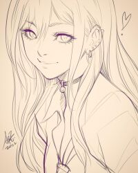 1girl choker closed_mouth commentary ear_piercing earrings english_commentary gyaru heart highres jewelry kitagawa_marin lineart looking_at_viewer making-of_available monochrome piercing portrait shirt signature sketch smile solo sono_bisque_doll_wa_koi_wo_suru stanley_lau 