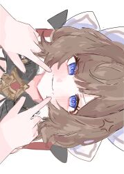  1girl 1other anger_vein annoyed bare_shoulders black_bow black_choker blue_eyes blunt_bangs blush bow brown_hair choker closed_mouth commentary false_smile finger_to_cheek gem genshin_impact hair_between_eyes hair_bow hands_up highres index_finger_raised jewelry other_with_female pendant pov pov_hands red_gem sandrone_(genshin_impact) short_hair_with_long_locks sidelocks smile solo_focus tuyu_nito22 untranslatable_commentary upper_body v-shaped_eyebrows white_headdress 