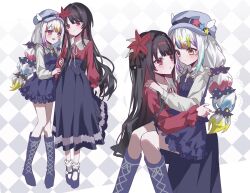  2girls alternate_costume black_dress black_hair black_shoes black_skirt boots bow carrying checkered_background colored_tips commission dress flower frilled_sleeves frills hair_bow hair_flower hair_ornament heterochromia highres holding_another's_arm jogasaki_noah lace-up_boots long_hair long_skirt long_sleeves mahou_shoujo_no_majo_saiban multi-tied_hair multicolored_hair multiple_girls multiple_views nikaido_hiro open_mouth polka_dot polka_dot_bow princess_carry red_eyes red_flower red_shirt ribbon s2eoyu_ul second-party_source shirt shoes skirt smile socks streaked_hair white-framed_eyewear white_background white_hair white_socks yellow_eyes 