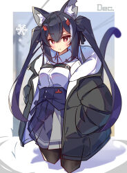  1girl animal_ear_fluff animal_ears black_hair black_jacket black_pantyhose blue_skirt blush border breasts bright_pupils cat_ears cat_girl cat_tail closed_mouth collared_shirt commentary cropped_legs double-parted_bangs double_horizontal_stripe down_jacket frown hair_between_eyes hands_in_pockets highres jacket long_hair long_sleeves looking_at_viewer medium_breasts multicolored_hair open_clothes open_jacket original outside_border pantyhose pleated_skirt red_eyes shirt sidelocks single_hair_streak skirt snow snowflakes solo streaked_hair tail tetenka thick_eyebrows twintails white_border white_pupils white_shirt white_streaks winter 
