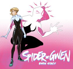  1girl absurdres animal_print asymmetrical_hair ballet_slippers blonde_hair bodysuit commentary cosplay fenssse gwen_stacy highres hood hooded_bodysuit marvel multicolored_bodysuit print_bodysuit sidecut solo spider-gwen spider-gwen_(cosplay) spider-man:_into_the_spider-verse spider-man_(series) spider-verse spider_print spider_web_print superhero_costume two-tone_bodysuit undercut white_bodysuit 